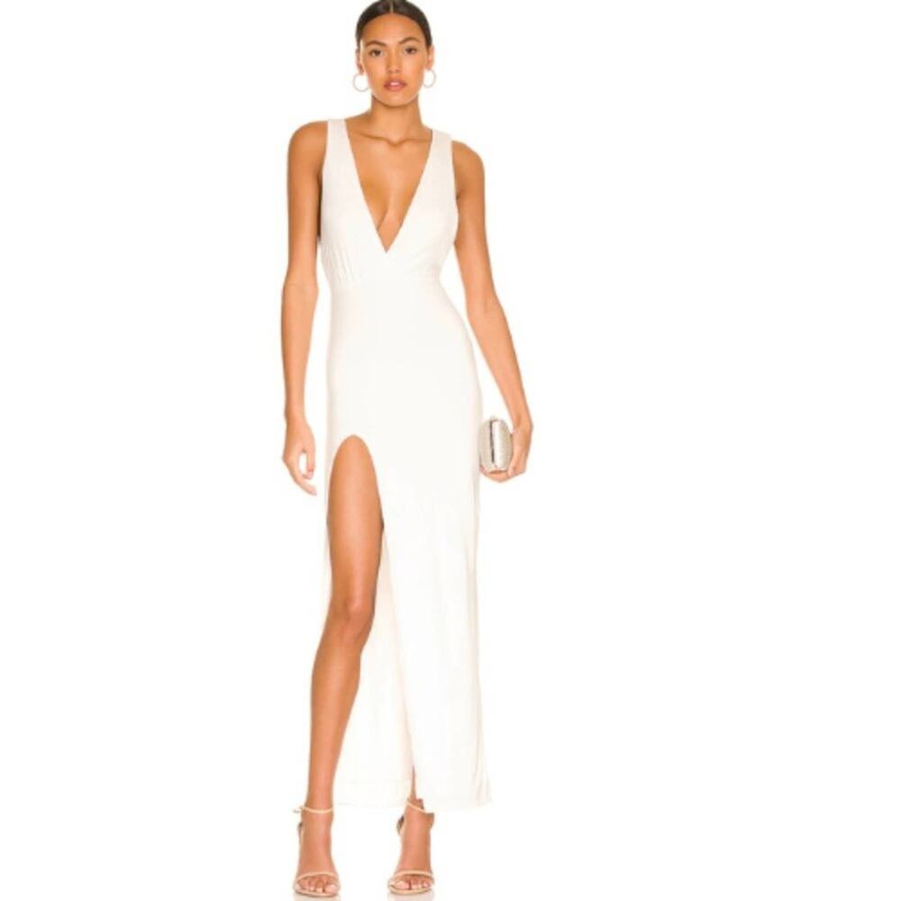 superdown White Maxi Dress with Deep V and Thigh Slit